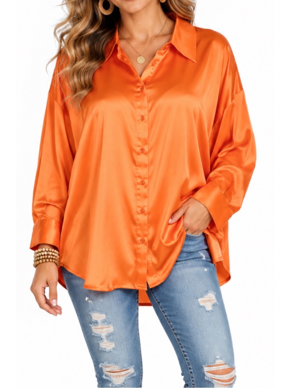 Gee Gee neon orange satin button front top